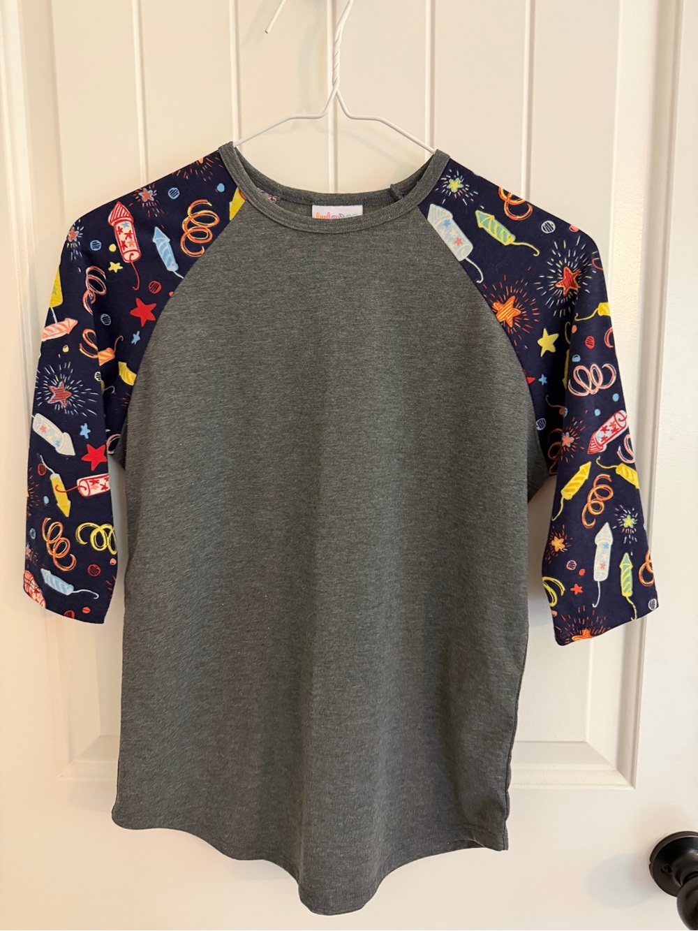 LLR Kids size 12 Gray Raglan cotton Shirt with Navy Fireworks Sleeves 4th July